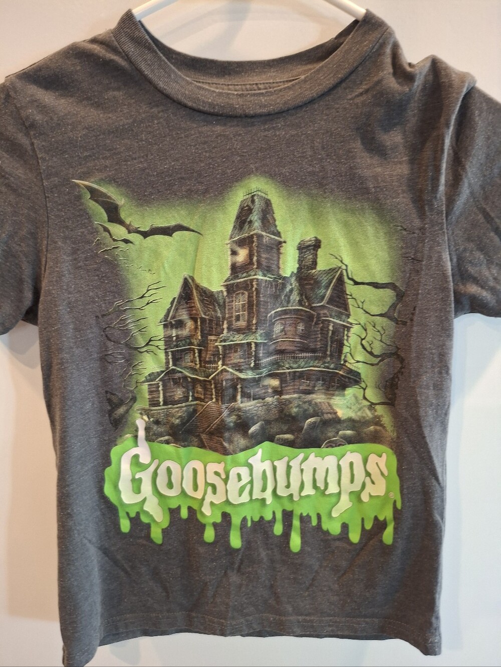 Goosebumps Kids Gray Tee with Green Haunted House Graphic